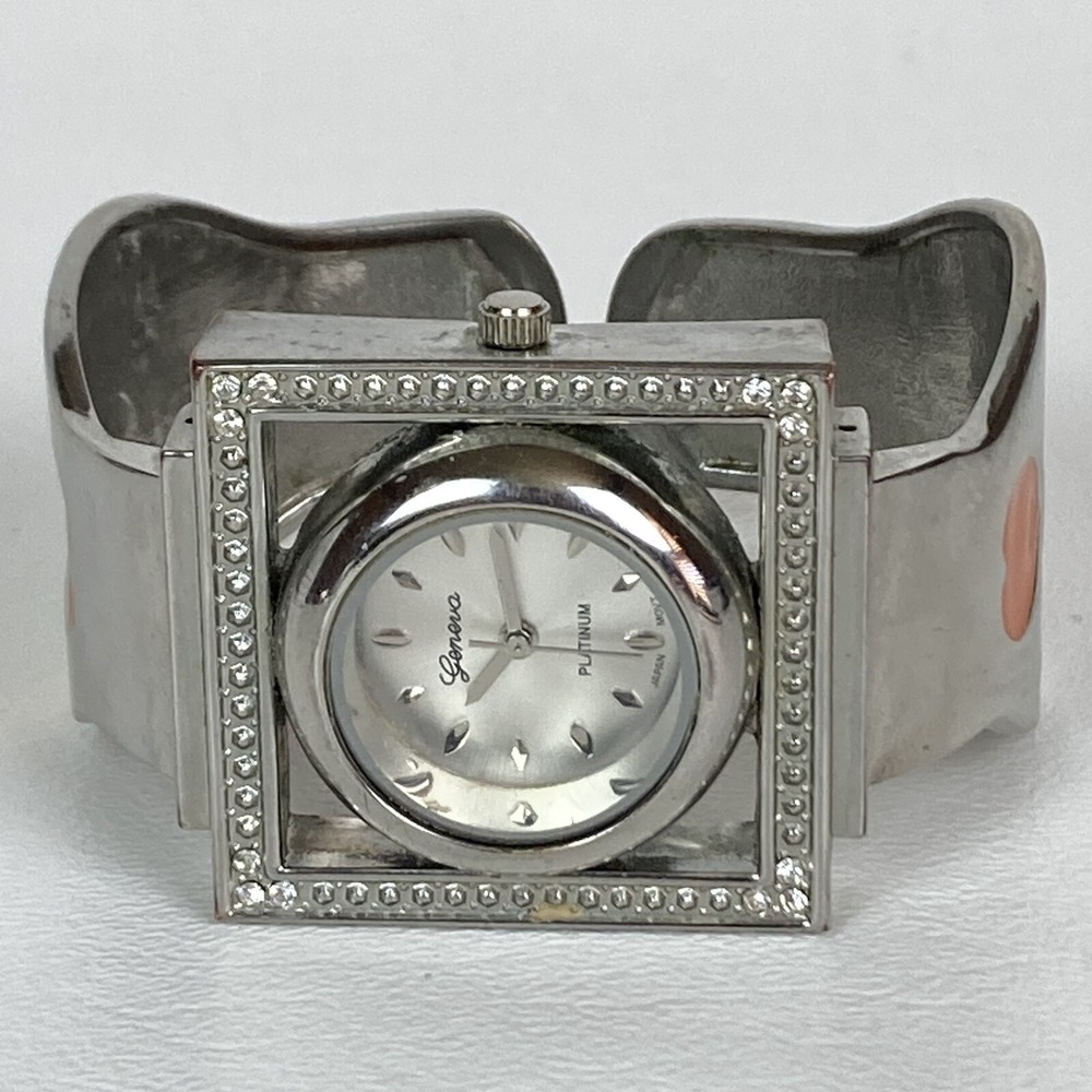 Geneva Platinum Watch Women Silver Tone Open Cuff Enamel Hearts New Battery 6" - Picture 5 of 9